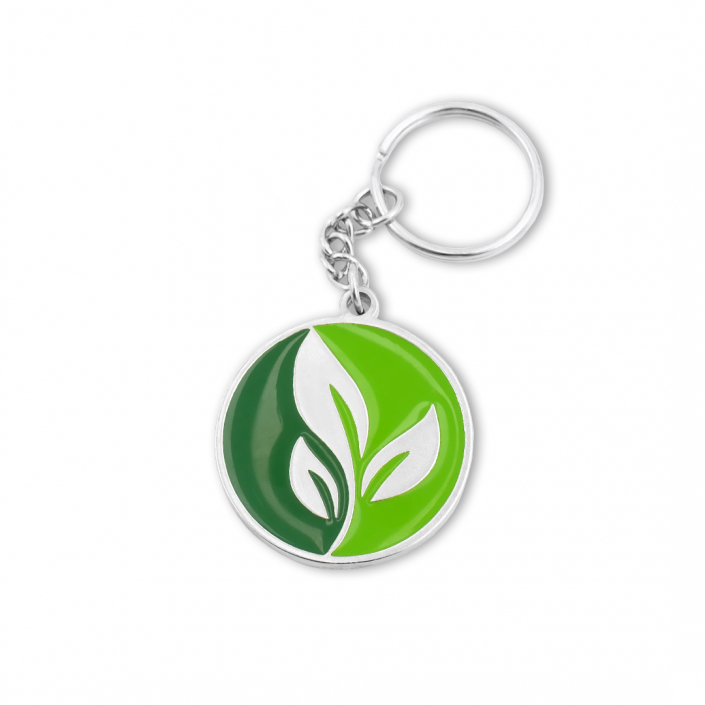 Zelená, smaltovaná klíčenka s motivem listů