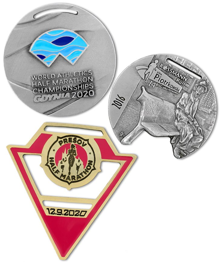 Složení tří sportovních medailí, vyrobených na míru společností MCC Medals